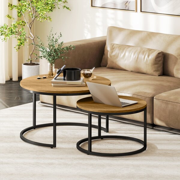 HOMCOM Set di 2 tavoli bassi ad incastro design industriale piano effetto cemento gambe in metallo marrone | Aosom Italy