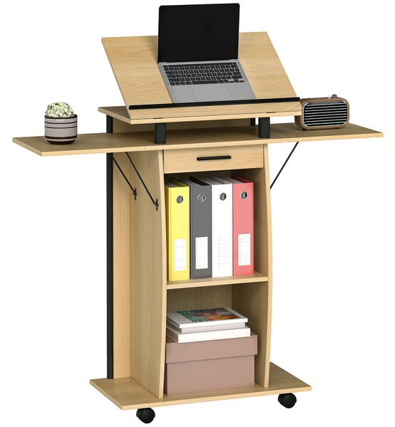 HOMCOM Podio con Ruote, Podio con Pannelli Laterali Pieghevoli, Tavolo per Laptop con Cassetto e Ripiani, Finitura Rovere | Aosom Italy