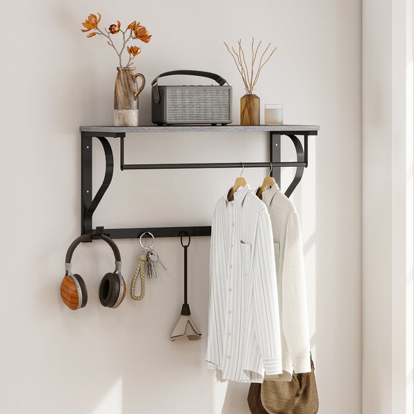 HOMCOM Stand Appendiabiti a Parete, Ganci da parete, 5 Ganci, ripiano superiore, versatile, Grigio | Aosom Italy