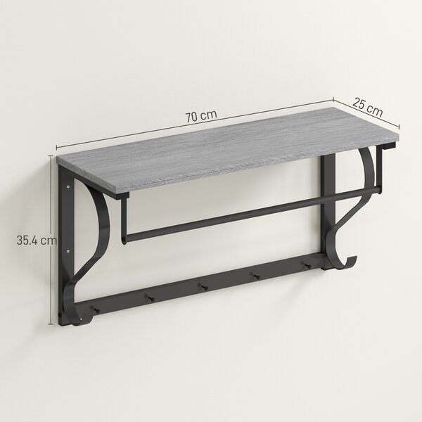 HOMCOM Stand Appendiabiti a Parete, Ganci da parete, 5 Ganci, ripiano superiore, versatile, Grigio | Aosom Italy