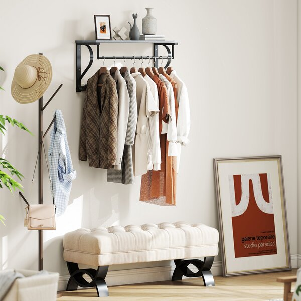 HOMCOM Stand Appendiabiti a Parete, Ganci da parete, 5 Ganci, ripiano superiore, versatile, Grigio | Aosom Italy