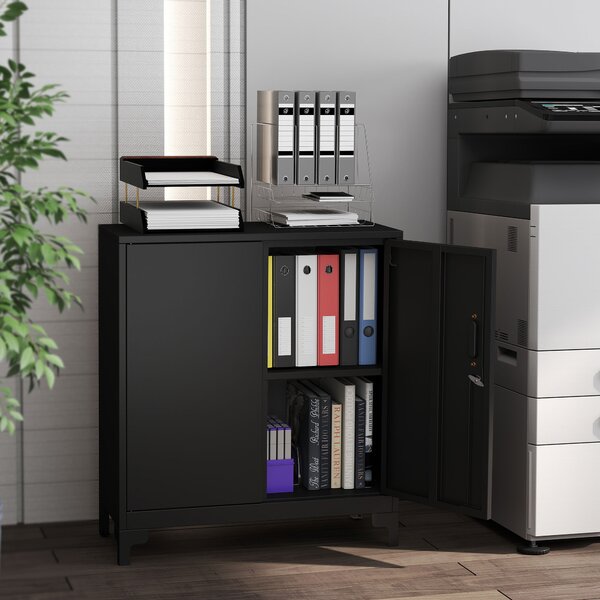 HOMCOM Armadietto da ufficio in metallo, porte chiudibili, cassettiera da ufficio, design a due livelli, Nero | Aosom Italy