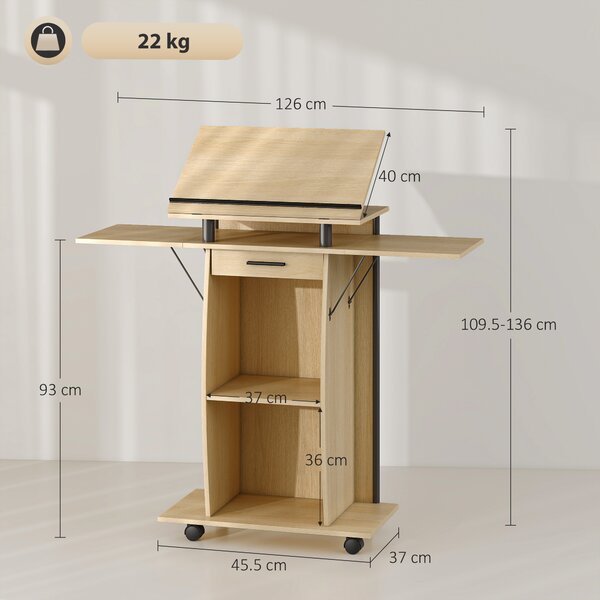 HOMCOM Podio con Ruote, Podio con Pannelli Laterali Pieghevoli, Tavolo per Laptop con Cassetto e Ripiani, Finitura Rovere | Aosom Italy