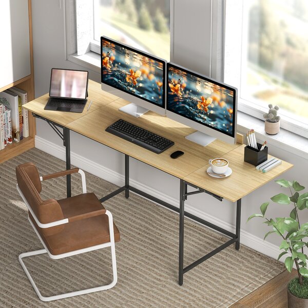 HOMCOM Scrivania per Computer Pieghevole con 2 Piani Estraibili, Ampio Spazio per Monitor, Gambe Metalliche, Struttura Robusta, Rovere+Nero | Aosom Italy