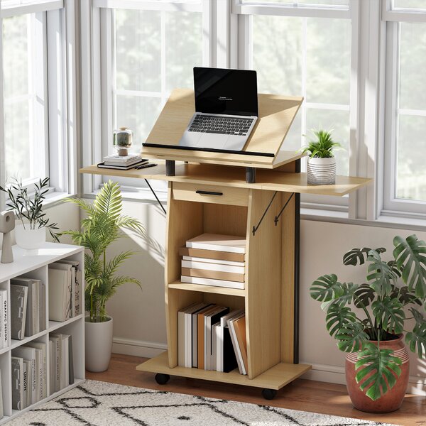HOMCOM Podio con Ruote, Podio con Pannelli Laterali Pieghevoli, Tavolo per Laptop con Cassetto e Ripiani, Finitura Rovere | Aosom Italy