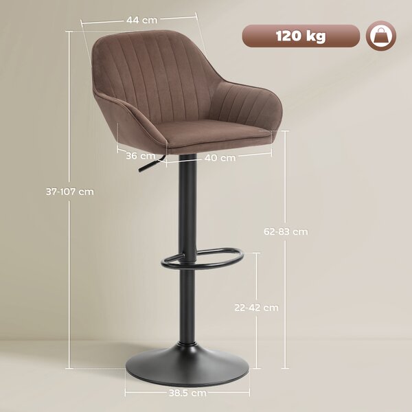 HOMCOM Set di 2 Sgabelli da Bar Girevoli Altezza Regolabile 87-107 cm Rivestiti in Velluto Schienale e Poggiapiedi Marrone | Aosom Italy