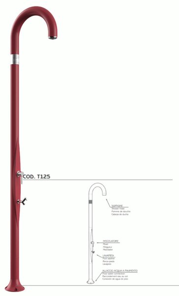 Doccia da Giardino Piscina in Resina FUNNY YIN RUBY CON LAVAPIEDI Dimensioni 232x30x17 cm - peso 9,5 kg design Curvo Con Miscelatore Caldo-Freddo