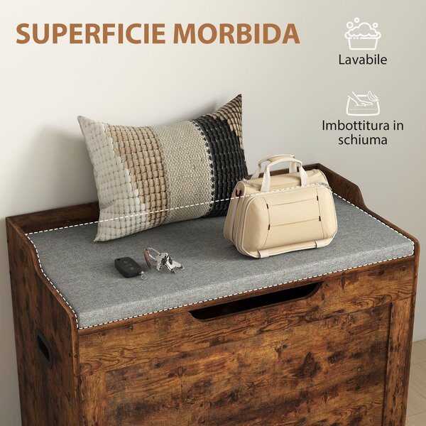 HOMCOM Panca Contenitore da 103L Multifunzione color Legno con Cuscino in Tessuto Grigio, 75x40x56 cm | Aosom Italy
