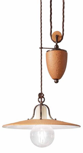 Lampada sospensione rustica, sali e Scendi, con diffusore in ceramica decorato a mano BOLOGNA Dimensioni 30x30x h 17 cm peso 3,45 kg - Attacco Lampada E 27