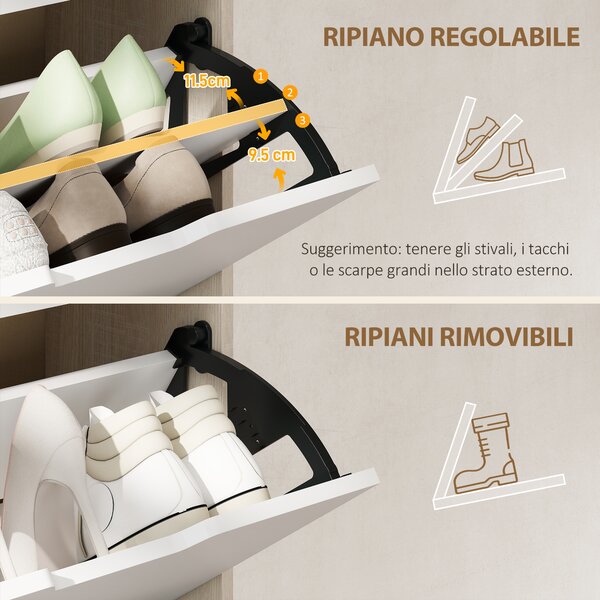 HOMCOM Scarpiera Salvaspazio Slim a 4 Cassetti per 20 Paia di Scarpe 62.5x26x156 cm, color Legno e Bianco | Aosom Italy