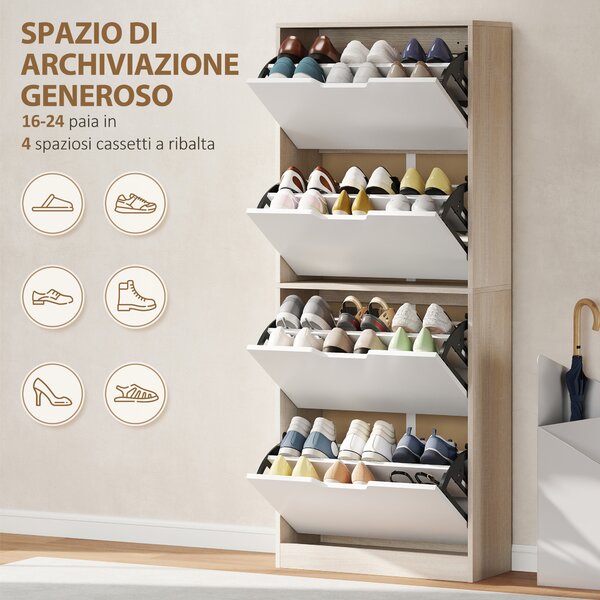 HOMCOM Scarpiera Salvaspazio Slim a 4 Cassetti per 20 Paia di Scarpe 62.5x26x156 cm, color Legno e Bianco | Aosom Italy