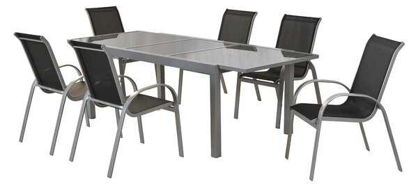 Set di mobili da giardino Merxx Amalfi nero 7 pezzi, 6 sedie impilabili, 1 tavolo allungabile 140 (200) x 90 cm - alluminio/tessuto