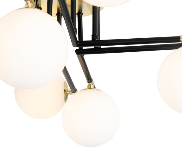 Plafoniera Art Déco nera con oro e vetro opalino 8 luci - Lynn