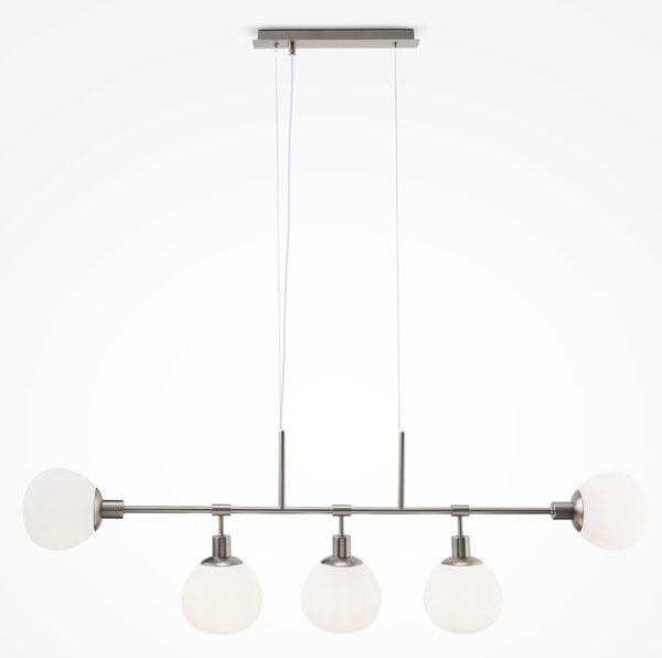 Lampadario Sospensione Erich Metallo Nichel 5 Luci E Diffusori Bianchi