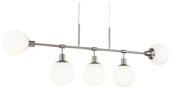 Lampadario Sospensione Erich Metallo Nichel 5 Luci E Diffusori Bianchi