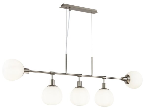 Lampadario Sospensione Erich Metallo Nichel 5 Luci E Diffusori Bianchi