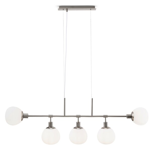 Lampadario Sospensione Erich Metallo Nichel 5 Luci E Diffusori Bianchi