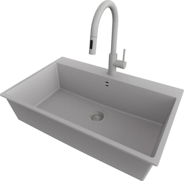 Lavello PRIMAGRAN in granito grigio 78x50cm, lavello 1 vasca + rubinetto cucina 40x20cm + set di scarico, lavello cucina da base 80 cm - Riga