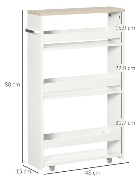 Kleankin Carrello Bagno Salvaspazio a 3 Ripiani con Rotelle e Maniglia in Legno, 48x15x80cm, Bianco|Aosom
