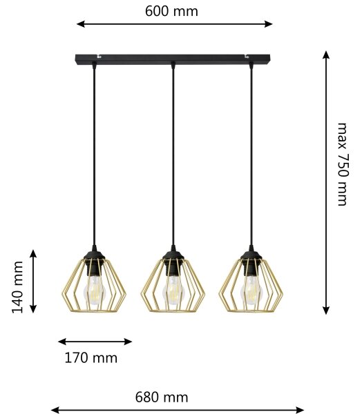 Lampadario a sospensione con filo AGAT 3xE27/15W/230V oro/nero