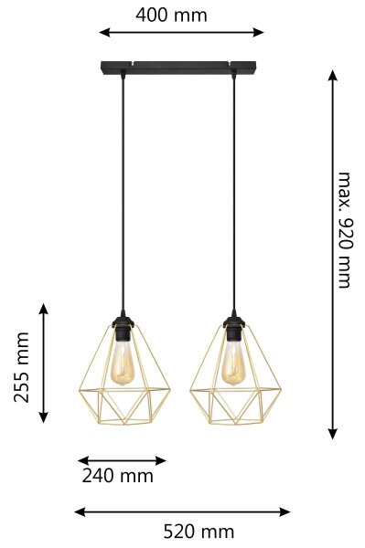 Lampadario a sospensione con filo KARO 2xE27/15W/230V oro/nero