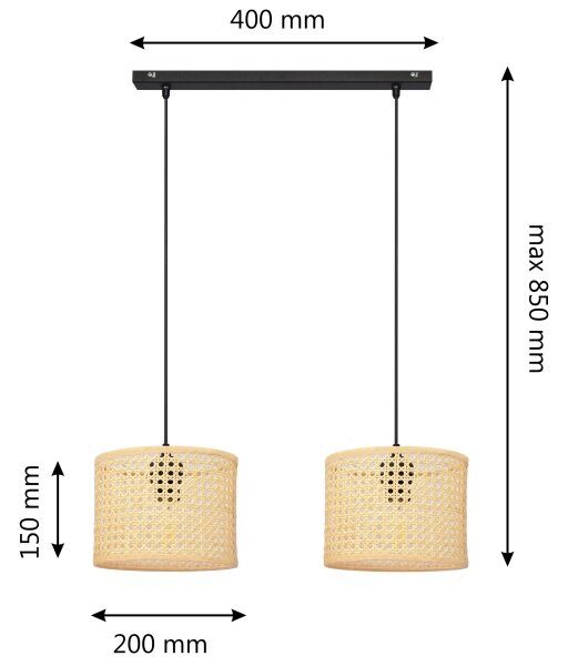Lampadario a sospensione con filo ALBA 2xE27/15W/230V rattan/nero