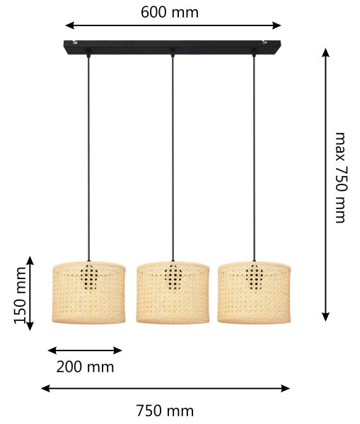 Lampadario a sospensione con filo ALBA 3xE27/15W/230V rattan/nero