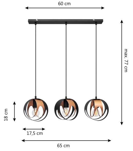 Lampadario a sospensione con filo MOONLIGHT 3xE27/15W/230V nero/rame