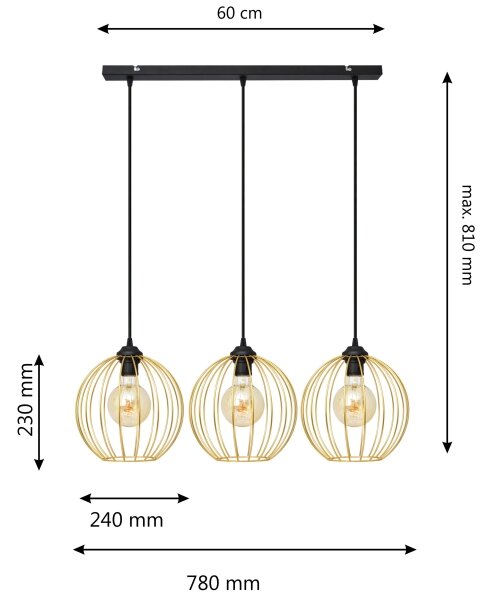 Lampadario a sospensione con filo MERCURE 3xE27/15W/230V oro/nero