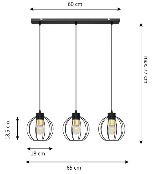 Lampadario a sospensione con filo STARLIGHT 3xE27/15W/230V nero/oro