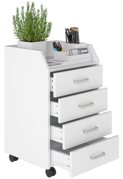 Vinsetto Cassettiera da Ufficio in Legno con 4 Cassetti, Ruote e Bordi Rialzati, 40x36x65cm, Bianco