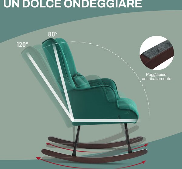 HOMCOM Sedia a Dondolo in Velluto Verde con Struttura in Legno e Schienale Alto Trapuntato a Bottoni con Cuscino e Braccioli|Aosom
