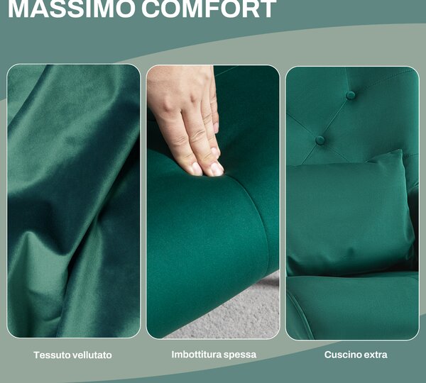 HOMCOM Sedia a Dondolo in Velluto Verde con Struttura in Legno e Schienale Alto Trapuntato a Bottoni con Cuscino e Braccioli|Aosom