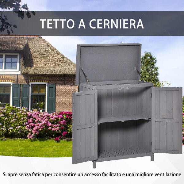 Outsunny Casetta da Giardino con Tetto apribile, Armadio a 2 Ripiani in Legno di Abete,74x43x88 cm, Grigio Scuro | Aosom Italy