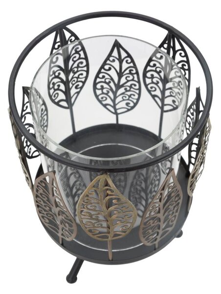 Portacandele Foglie Iron Ø15x24 cm in Ferro e Vetro Nero e Grigio