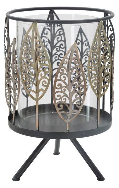 Portacandele Foglie Iron Ø15x24 cm in Ferro e Vetro Nero e Grigio
