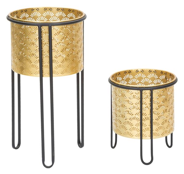 Set 2 Portavasi Ø21x40-19x22 cm in Metallo Nero e Oro