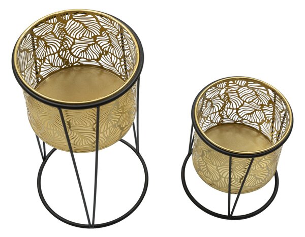 Set 2 Portavasi Ø21x40-19x22 cm in Metallo Nero e Oro
