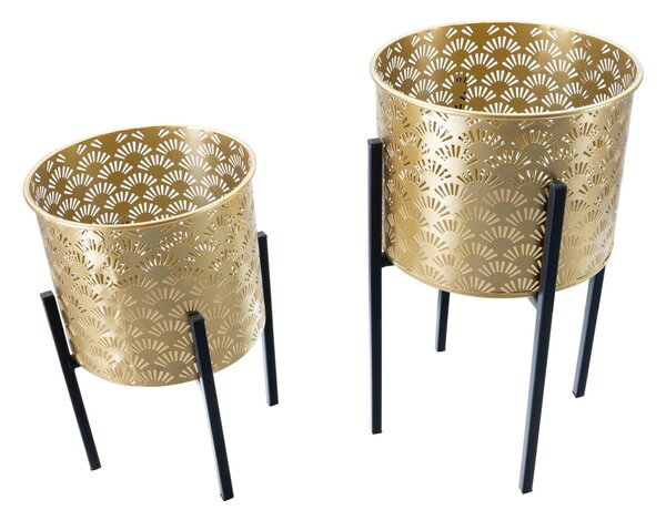 Set 2 Portavasi Ø21x38-19x28 cm in Metallo Nero e Oro