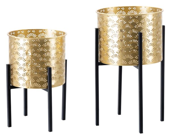 Set 2 Portavasi Ø21x38-19x28 cm in Metallo Nero e Oro