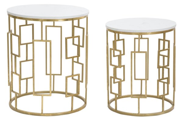Tavolinetto Cube Coppia Ø46x55-39x48 cm in Ferro e Marmo Oro e Bianco