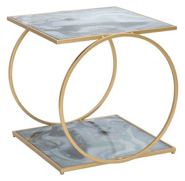 Tavolinetto Glam 2 Level 52,5x50x51 cm in Ferro MDF e Vetro Oro e Multicolor