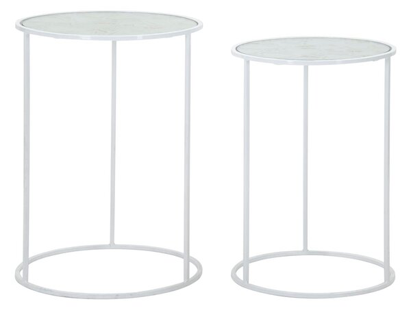 Tavolinetti Bianco Harts Coppia Ø43x60-38x55 cm in Ferro e Vetro Bianco