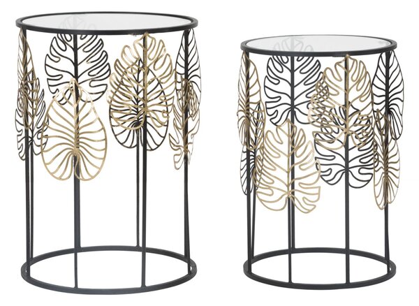 Tavolinetti Foglie Glam Coppia Ø38x55-33x50 cm in Ferro e Vetro Nero e Oro