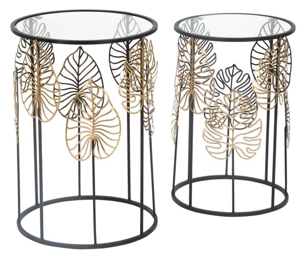 Tavolinetti Foglie Glam Coppia Ø38x55-33x50 cm in Ferro e Vetro Nero e Oro