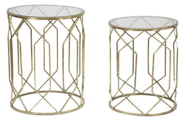 Tavolinetti Tunisi Coppia Ø42x53-38x47 cm in Ferro e Vetro Oro