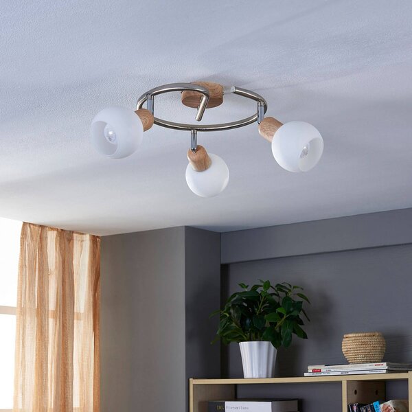 Plafoniera Svenka a 3 luci, base tonda Lindby, dimmerabile, Legno chiaro, Soggiorno / Sala da pranzo, Vetro, Moderno, Faretto