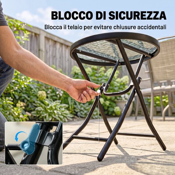 Outsunny Tavolo da Giardino Pieghevole Nero in Metallo con Ripiano in Vetro, Diametro 45x50cm, Blocco di Sicurezza|Aosom