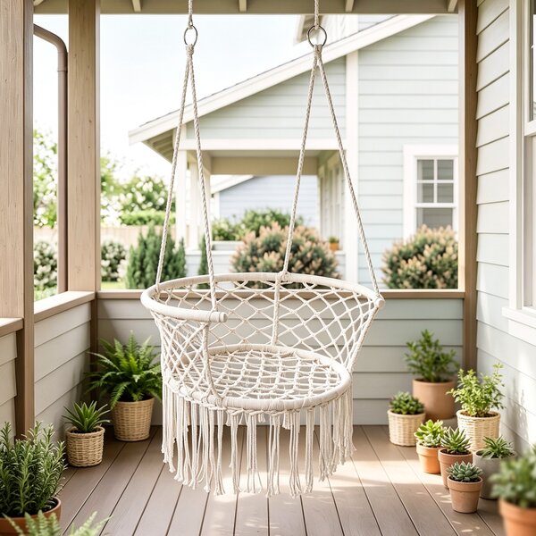 Outsunny Amaca Stile Boho Chic Sedia Sospesa Poliestere e Macramè, per Relax, 80x60x36cm - Crema|Aosom