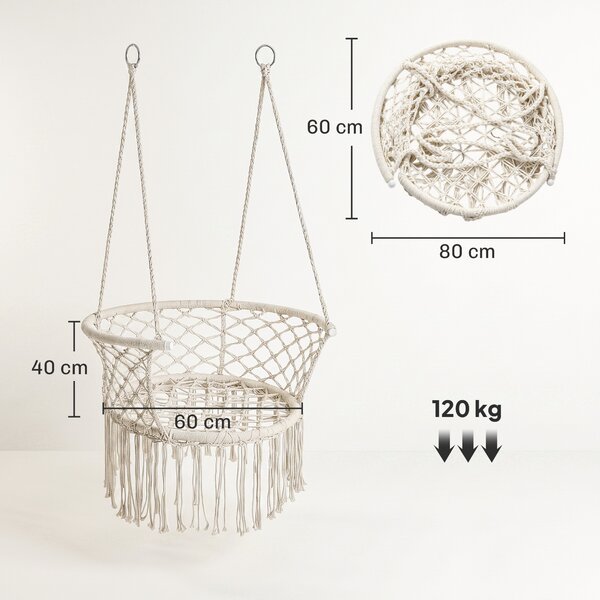 Outsunny Amaca Stile Boho Chic Sedia Sospesa Poliestere e Macramè, per Relax, 80x60x36cm - Crema|Aosom
